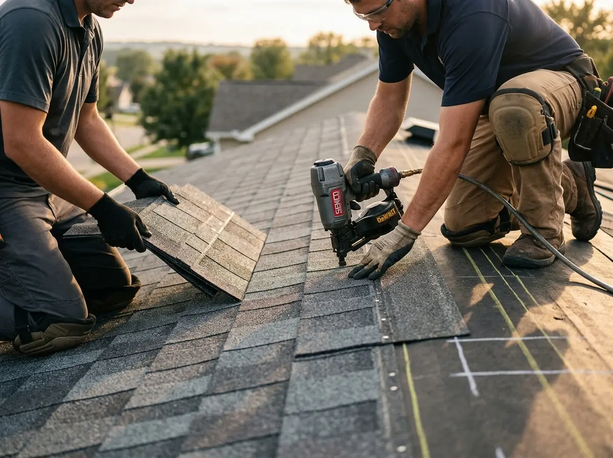 Professional roofer working on a residential roof in Montecito